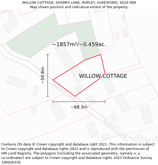 WILLOW COTTAGE, SOAMES LANE, ROPLEY, ALRESFORD, SO24 0ER: Plot and title map