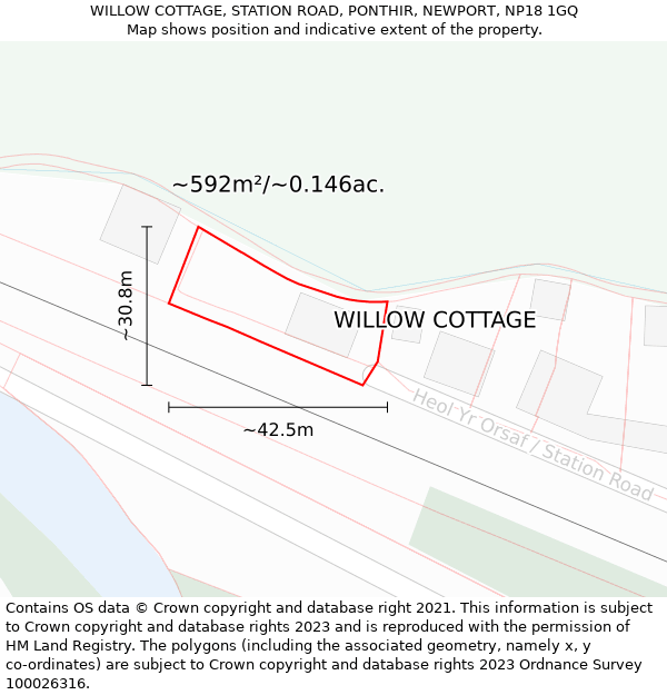 WILLOW COTTAGE, STATION ROAD, PONTHIR, NEWPORT, NP18 1GQ: Plot and title map