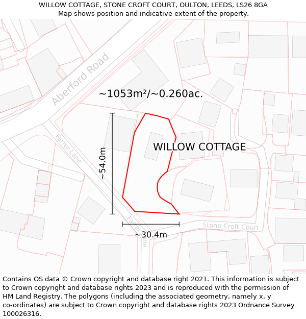 WILLOW COTTAGE, STONE CROFT COURT, OULTON, LEEDS, LS26 8GA: Plot and title map