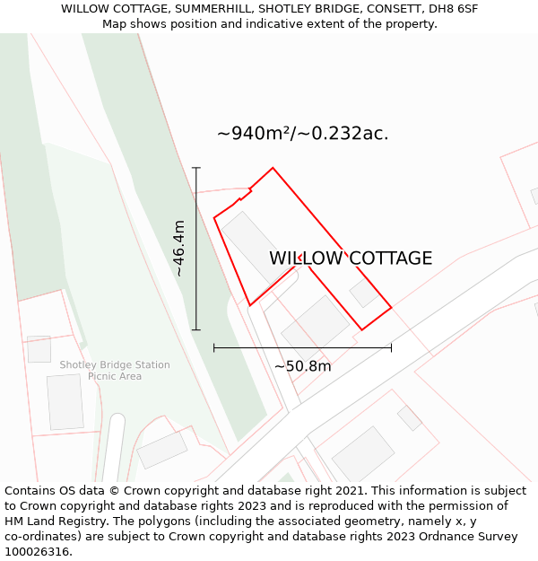 WILLOW COTTAGE, SUMMERHILL, SHOTLEY BRIDGE, CONSETT, DH8 6SF: Plot and title map