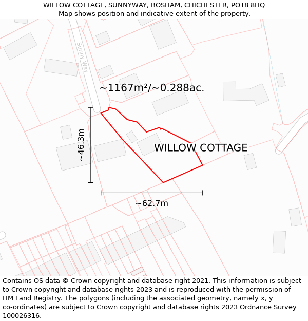 WILLOW COTTAGE, SUNNYWAY, BOSHAM, CHICHESTER, PO18 8HQ: Plot and title map