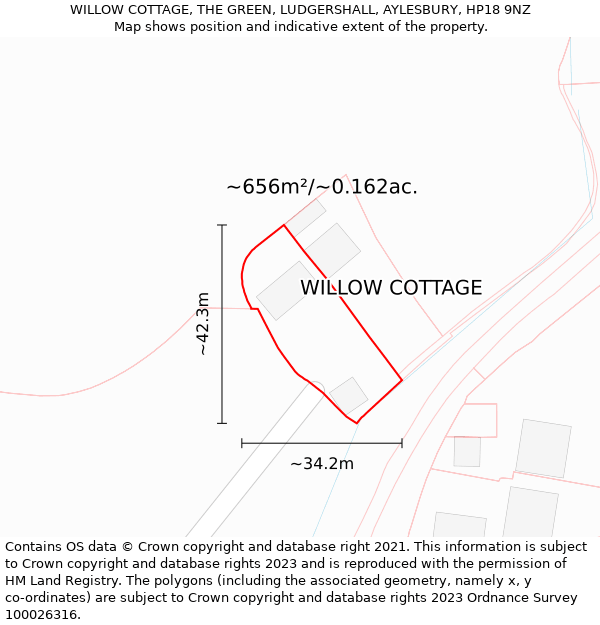 WILLOW COTTAGE, THE GREEN, LUDGERSHALL, AYLESBURY, HP18 9NZ: Plot and title map