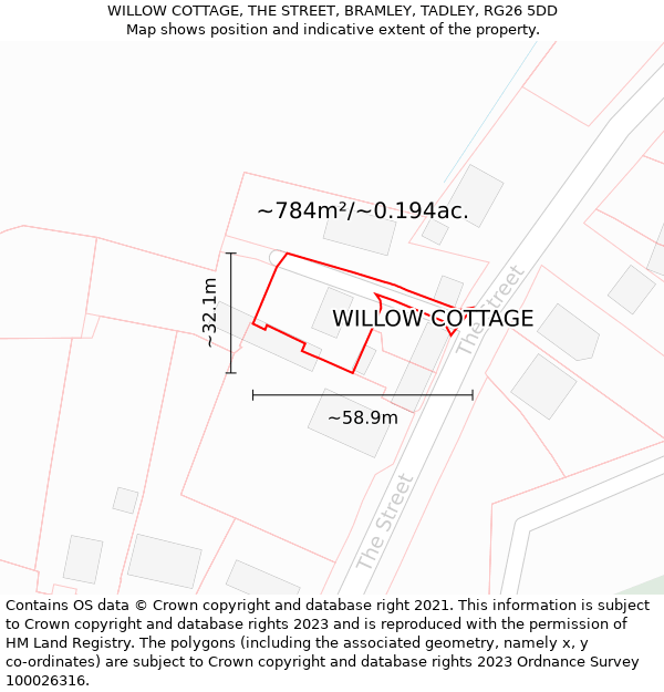 WILLOW COTTAGE, THE STREET, BRAMLEY, TADLEY, RG26 5DD: Plot and title map