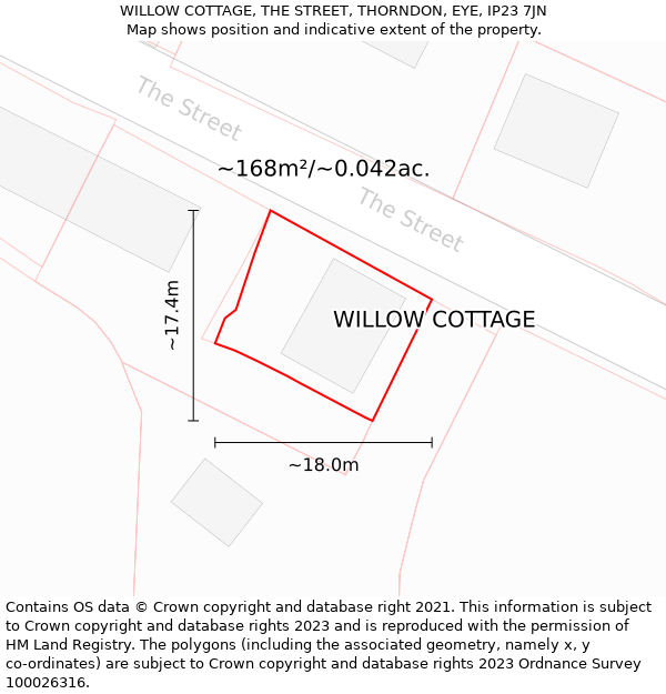 WILLOW COTTAGE, THE STREET, THORNDON, EYE, IP23 7JN: Plot and title map