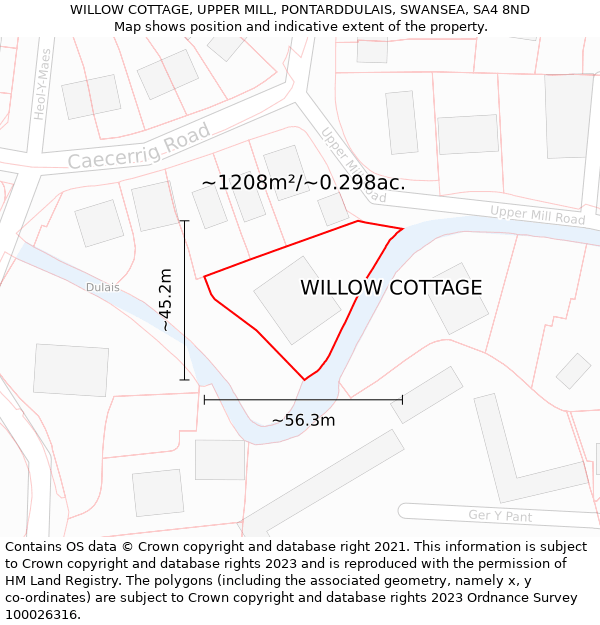 WILLOW COTTAGE, UPPER MILL, PONTARDDULAIS, SWANSEA, SA4 8ND: Plot and title map