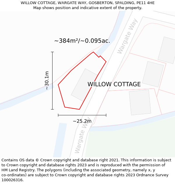 WILLOW COTTAGE, WARGATE WAY, GOSBERTON, SPALDING, PE11 4HE: Plot and title map