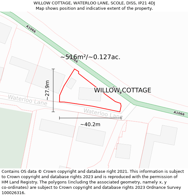 WILLOW COTTAGE, WATERLOO LANE, SCOLE, DISS, IP21 4DJ: Plot and title map