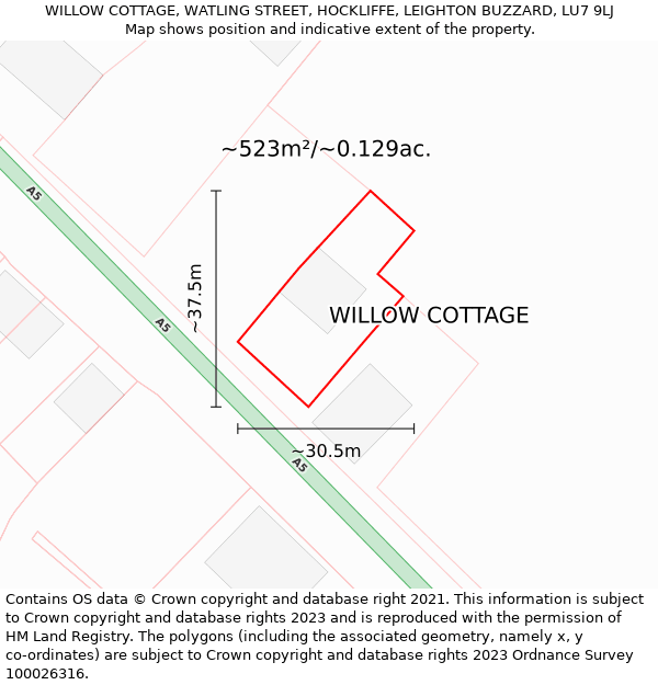 WILLOW COTTAGE, WATLING STREET, HOCKLIFFE, LEIGHTON BUZZARD, LU7 9LJ: Plot and title map