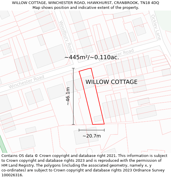 WILLOW COTTAGE, WINCHESTER ROAD, HAWKHURST, CRANBROOK, TN18 4DQ: Plot and title map