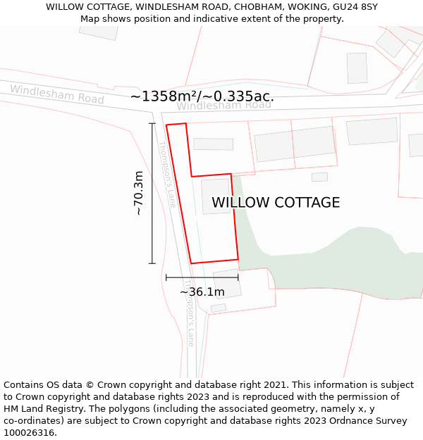 WILLOW COTTAGE, WINDLESHAM ROAD, CHOBHAM, WOKING, GU24 8SY: Plot and title map