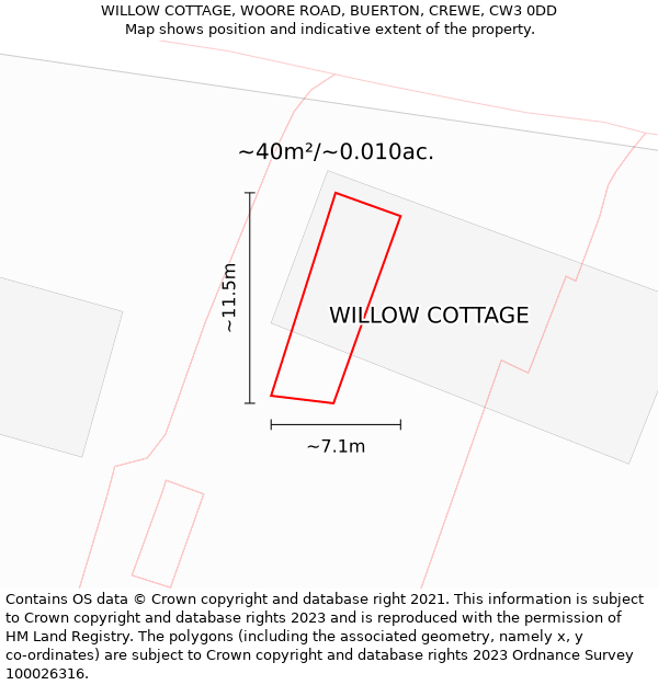 WILLOW COTTAGE, WOORE ROAD, BUERTON, CREWE, CW3 0DD: Plot and title map