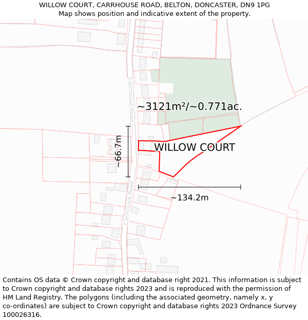 WILLOW COURT, CARRHOUSE ROAD, BELTON, DONCASTER, DN9 1PG: Plot and title map