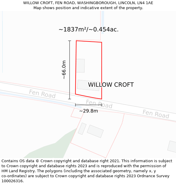 WILLOW CROFT, FEN ROAD, WASHINGBOROUGH, LINCOLN, LN4 1AE: Plot and title map