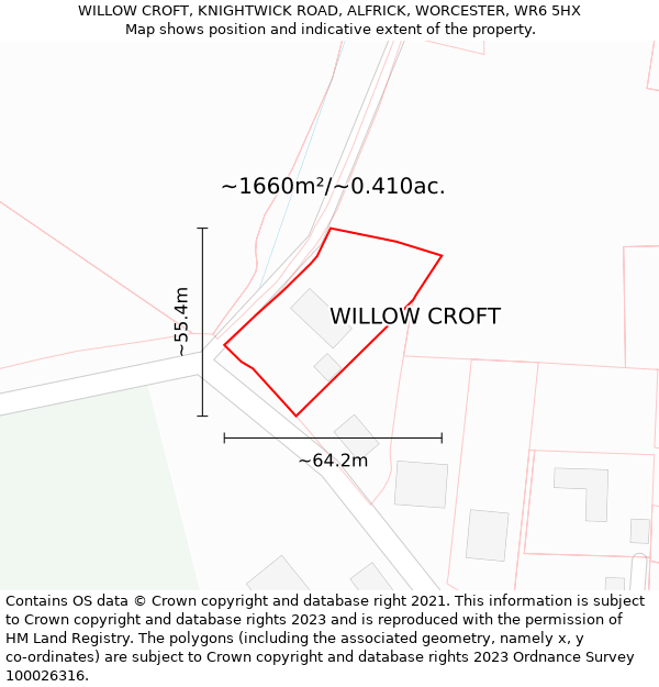 WILLOW CROFT, KNIGHTWICK ROAD, ALFRICK, WORCESTER, WR6 5HX: Plot and title map