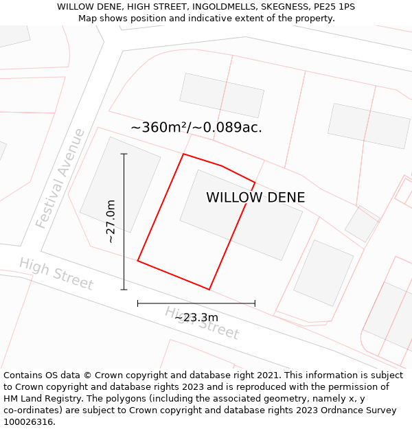 WILLOW DENE, HIGH STREET, INGOLDMELLS, SKEGNESS, PE25 1PS: Plot and title map