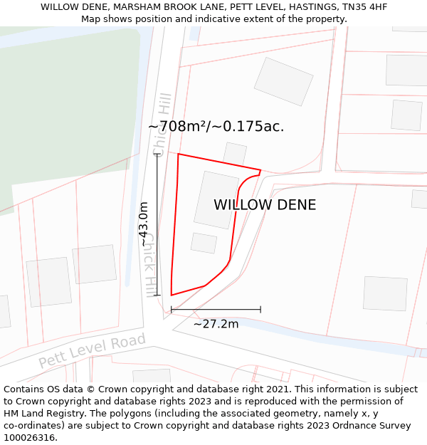 WILLOW DENE, MARSHAM BROOK LANE, PETT LEVEL, HASTINGS, TN35 4HF: Plot and title map