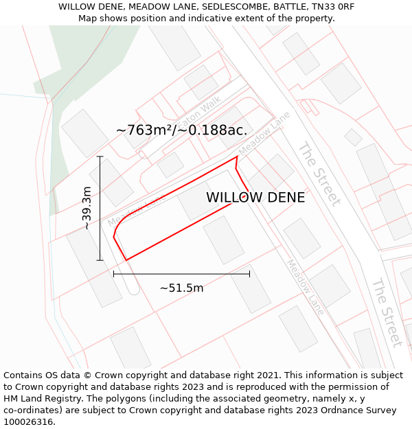 WILLOW DENE, MEADOW LANE, SEDLESCOMBE, BATTLE, TN33 0RF: Plot and title map