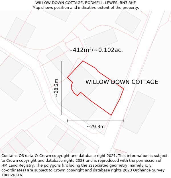 WILLOW DOWN COTTAGE, RODMELL, LEWES, BN7 3HF: Plot and title map