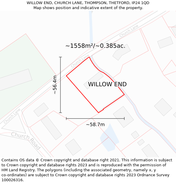 WILLOW END, CHURCH LANE, THOMPSON, THETFORD, IP24 1QD: Plot and title map