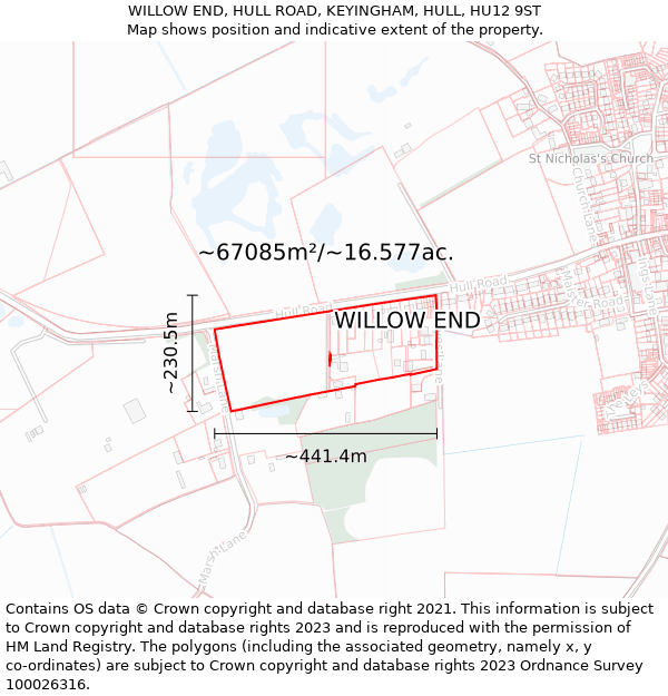 WILLOW END, HULL ROAD, KEYINGHAM, HULL, HU12 9ST: Plot and title map