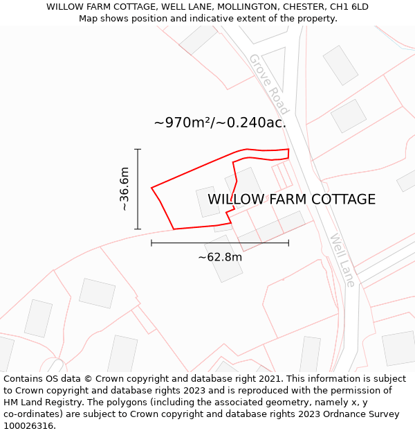 WILLOW FARM COTTAGE, WELL LANE, MOLLINGTON, CHESTER, CH1 6LD: Plot and title map