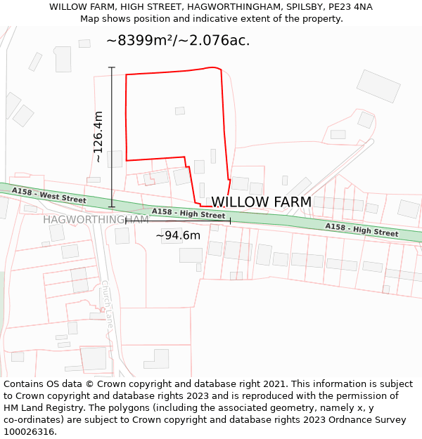 WILLOW FARM, HIGH STREET, HAGWORTHINGHAM, SPILSBY, PE23 4NA: Plot and title map