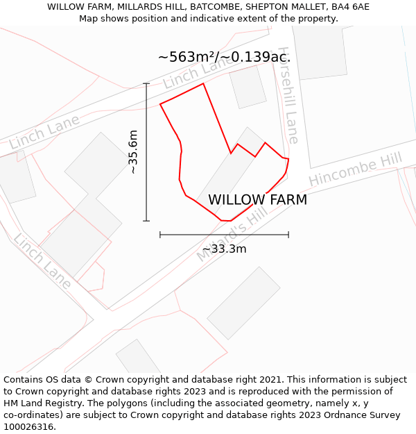 WILLOW FARM, MILLARDS HILL, BATCOMBE, SHEPTON MALLET, BA4 6AE: Plot and title map