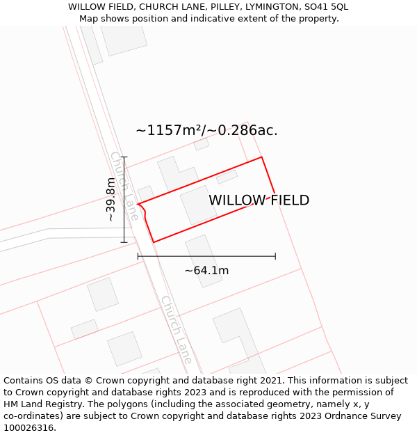 WILLOW FIELD, CHURCH LANE, PILLEY, LYMINGTON, SO41 5QL: Plot and title map