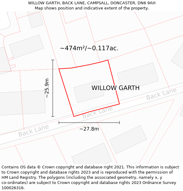 WILLOW GARTH, BACK LANE, CAMPSALL, DONCASTER, DN6 9AH: Plot and title map