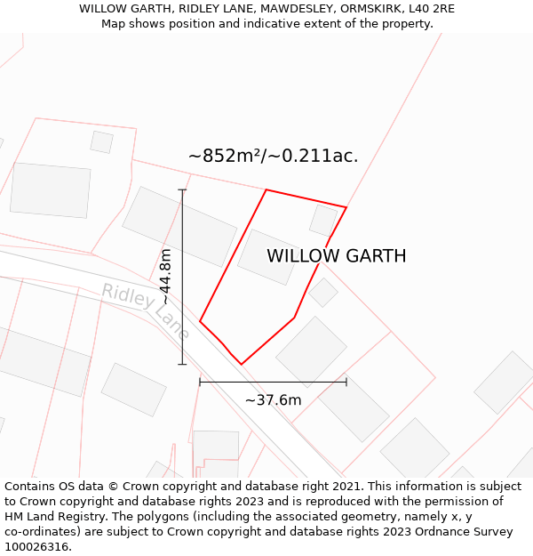 WILLOW GARTH, RIDLEY LANE, MAWDESLEY, ORMSKIRK, L40 2RE: Plot and title map