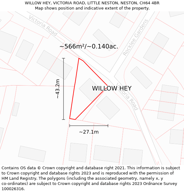 WILLOW HEY, VICTORIA ROAD, LITTLE NESTON, NESTON, CH64 4BR: Plot and title map