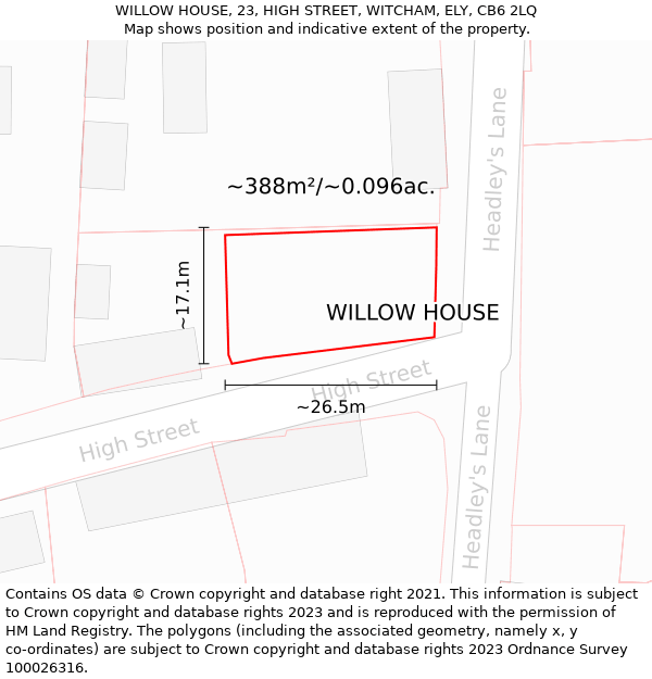 WILLOW HOUSE, 23, HIGH STREET, WITCHAM, ELY, CB6 2LQ: Plot and title map