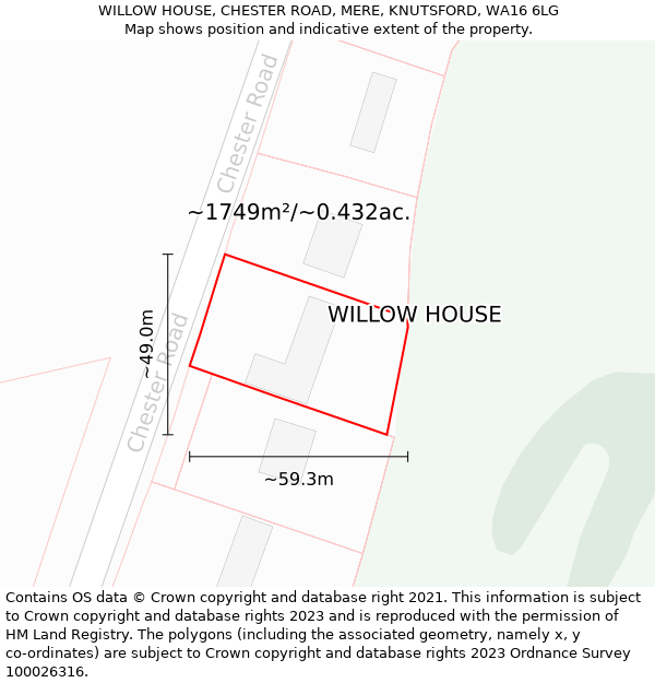 WILLOW HOUSE, CHESTER ROAD, MERE, KNUTSFORD, WA16 6LG: Plot and title map
