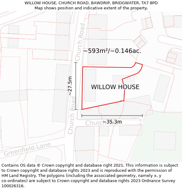 WILLOW HOUSE, CHURCH ROAD, BAWDRIP, BRIDGWATER, TA7 8PD: Plot and title map