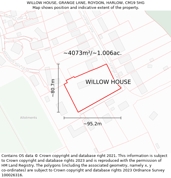 WILLOW HOUSE, GRANGE LANE, ROYDON, HARLOW, CM19 5HG: Plot and title map