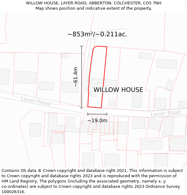 WILLOW HOUSE, LAYER ROAD, ABBERTON, COLCHESTER, CO5 7NH: Plot and title map