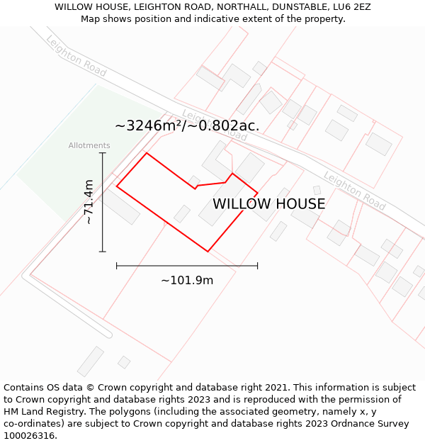 WILLOW HOUSE, LEIGHTON ROAD, NORTHALL, DUNSTABLE, LU6 2EZ: Plot and title map