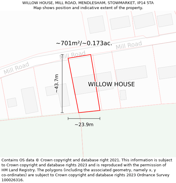 WILLOW HOUSE, MILL ROAD, MENDLESHAM, STOWMARKET, IP14 5TA: Plot and title map