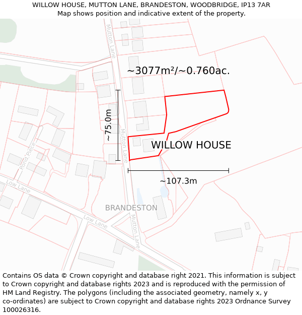 WILLOW HOUSE, MUTTON LANE, BRANDESTON, WOODBRIDGE, IP13 7AR: Plot and title map