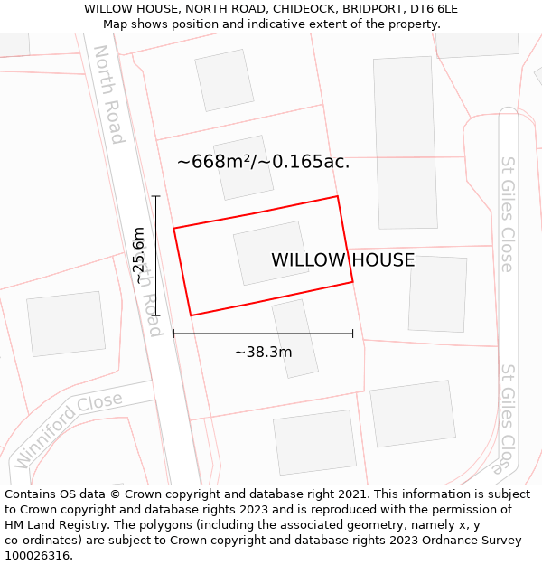 WILLOW HOUSE, NORTH ROAD, CHIDEOCK, BRIDPORT, DT6 6LE: Plot and title map