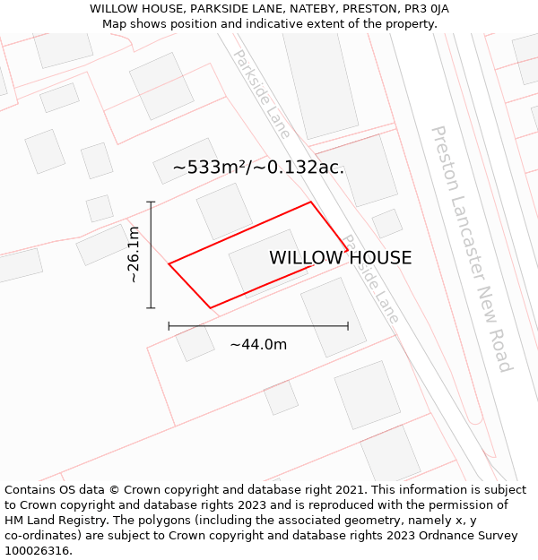 WILLOW HOUSE, PARKSIDE LANE, NATEBY, PRESTON, PR3 0JA: Plot and title map