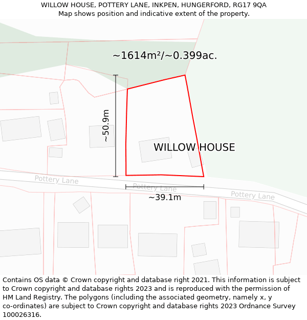 WILLOW HOUSE, POTTERY LANE, INKPEN, HUNGERFORD, RG17 9QA: Plot and title map