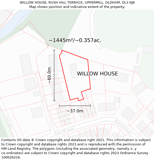 WILLOW HOUSE, RUSH HILL TERRACE, UPPERMILL, OLDHAM, OL3 6JB: Plot and title map
