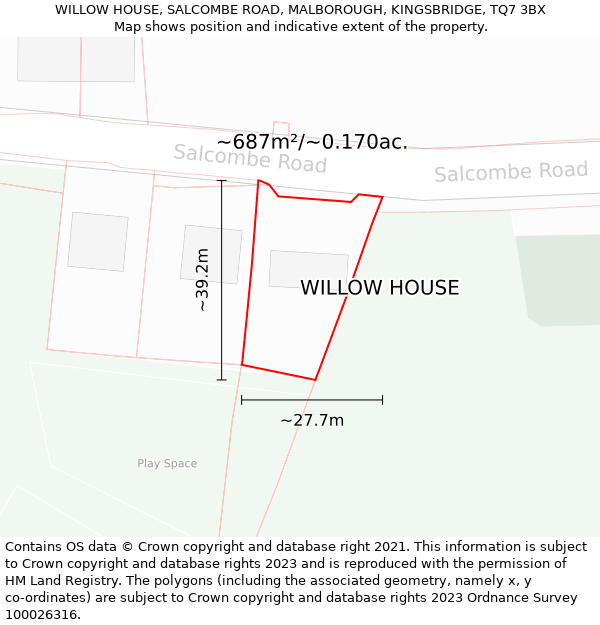 WILLOW HOUSE, SALCOMBE ROAD, MALBOROUGH, KINGSBRIDGE, TQ7 3BX: Plot and title map