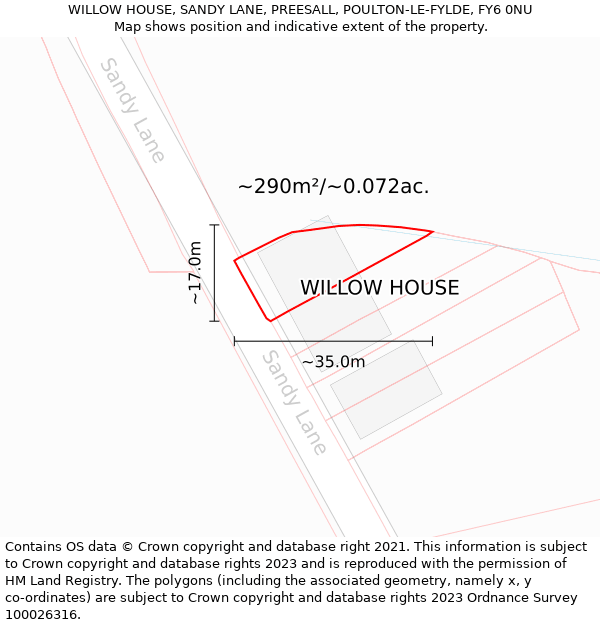 WILLOW HOUSE, SANDY LANE, PREESALL, POULTON-LE-FYLDE, FY6 0NU: Plot and title map