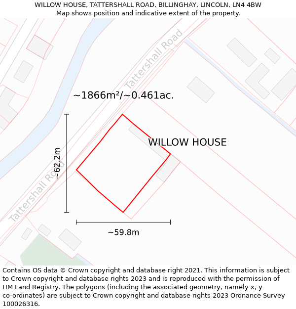 WILLOW HOUSE, TATTERSHALL ROAD, BILLINGHAY, LINCOLN, LN4 4BW: Plot and title map