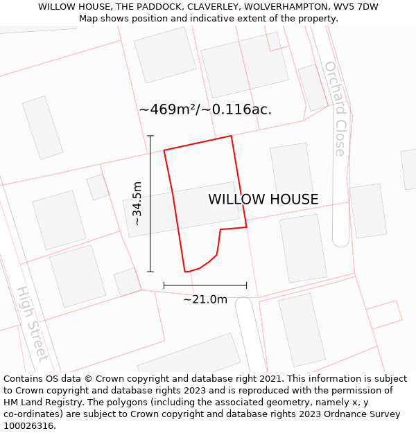 WILLOW HOUSE, THE PADDOCK, CLAVERLEY, WOLVERHAMPTON, WV5 7DW: Plot and title map