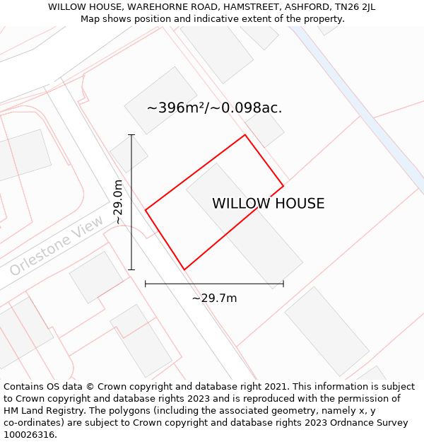 WILLOW HOUSE, WAREHORNE ROAD, HAMSTREET, ASHFORD, TN26 2JL: Plot and title map