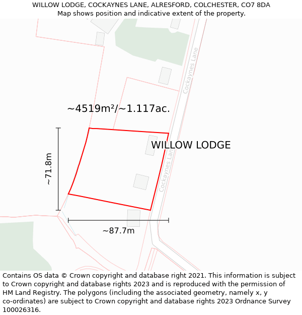 WILLOW LODGE, COCKAYNES LANE, ALRESFORD, COLCHESTER, CO7 8DA: Plot and title map