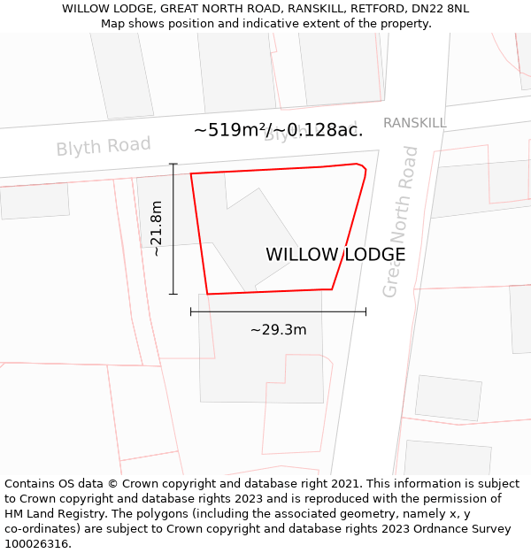 WILLOW LODGE, GREAT NORTH ROAD, RANSKILL, RETFORD, DN22 8NL: Plot and title map